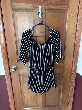 Ambiance Black and White Vertical Stripe Off-Shoulder Top